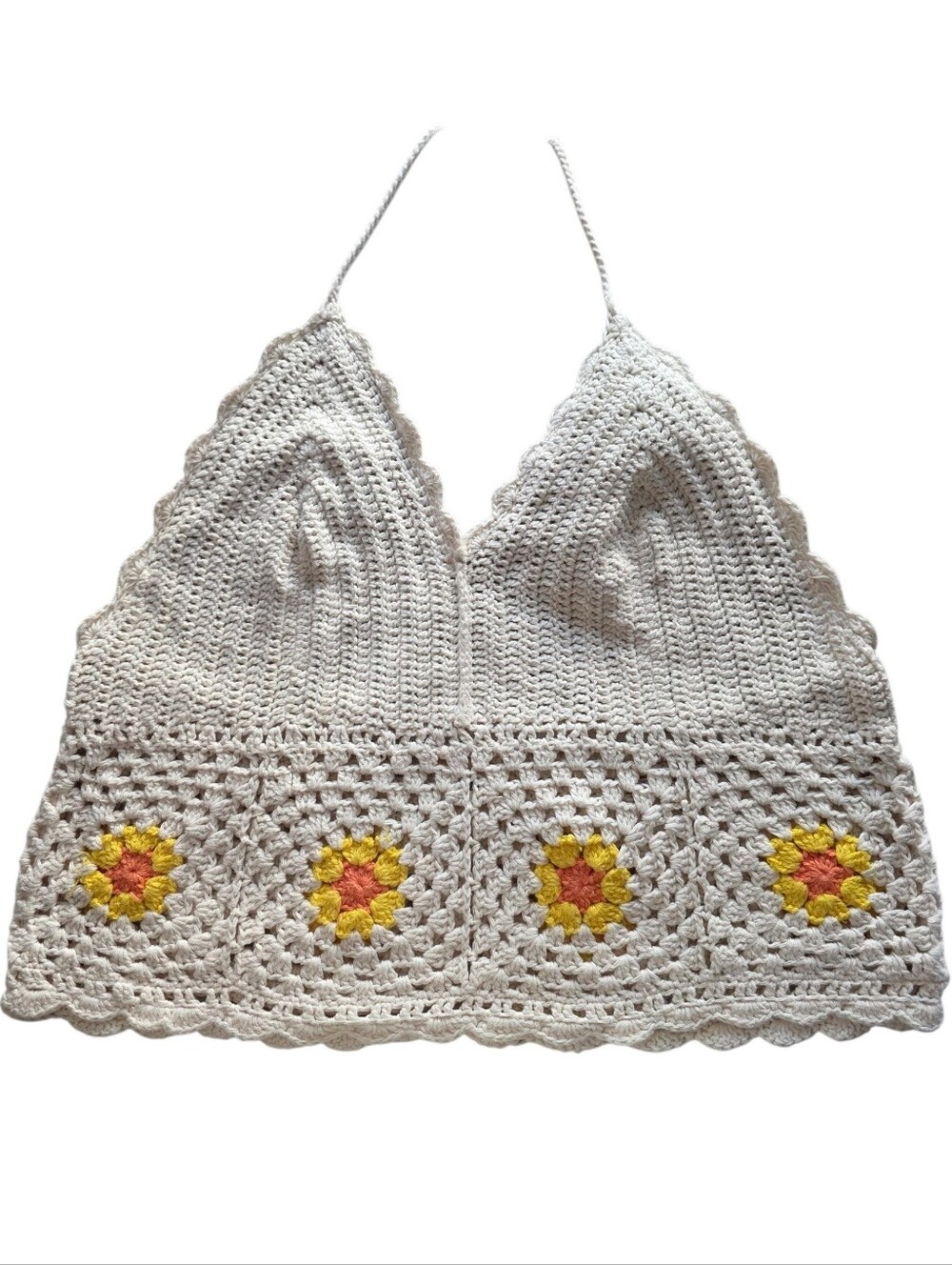 aerie Cream Crochet Halter Top with Yellow/Orange Granny Squares Size X-Small